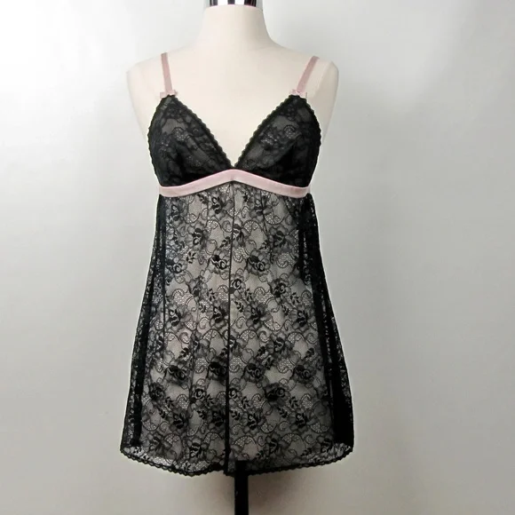 Gilligan Black Lace with Pink Trim Teddy Cami M - Picture 1 of 8